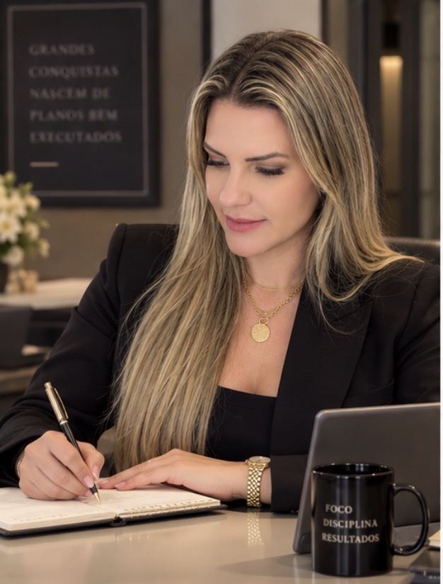 Queila Andrade escrevendo em sua mesa de trabalho